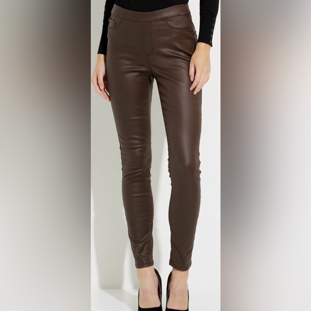 CHARLIE B Waxed Twill Infinity Slim Pant Brown Size 4 Matte Faux Leather EUC